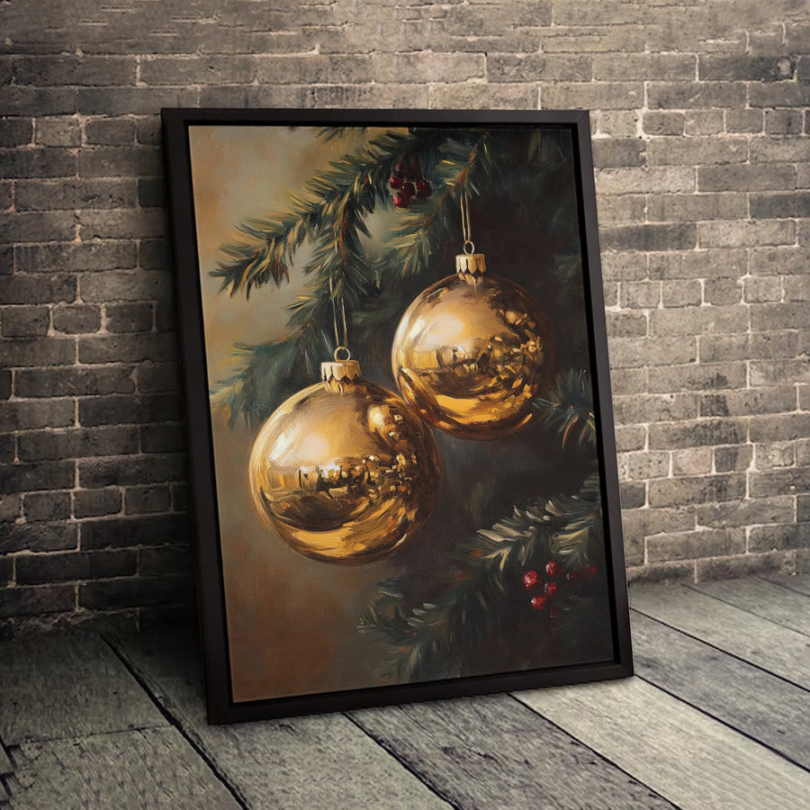 Golden Christmas Ornaments Canvas Wall Art | Vintage Pine Branch Oil Painting Style | Premium 1.25" Gallery Wrap | Festive Holiday Home Decor