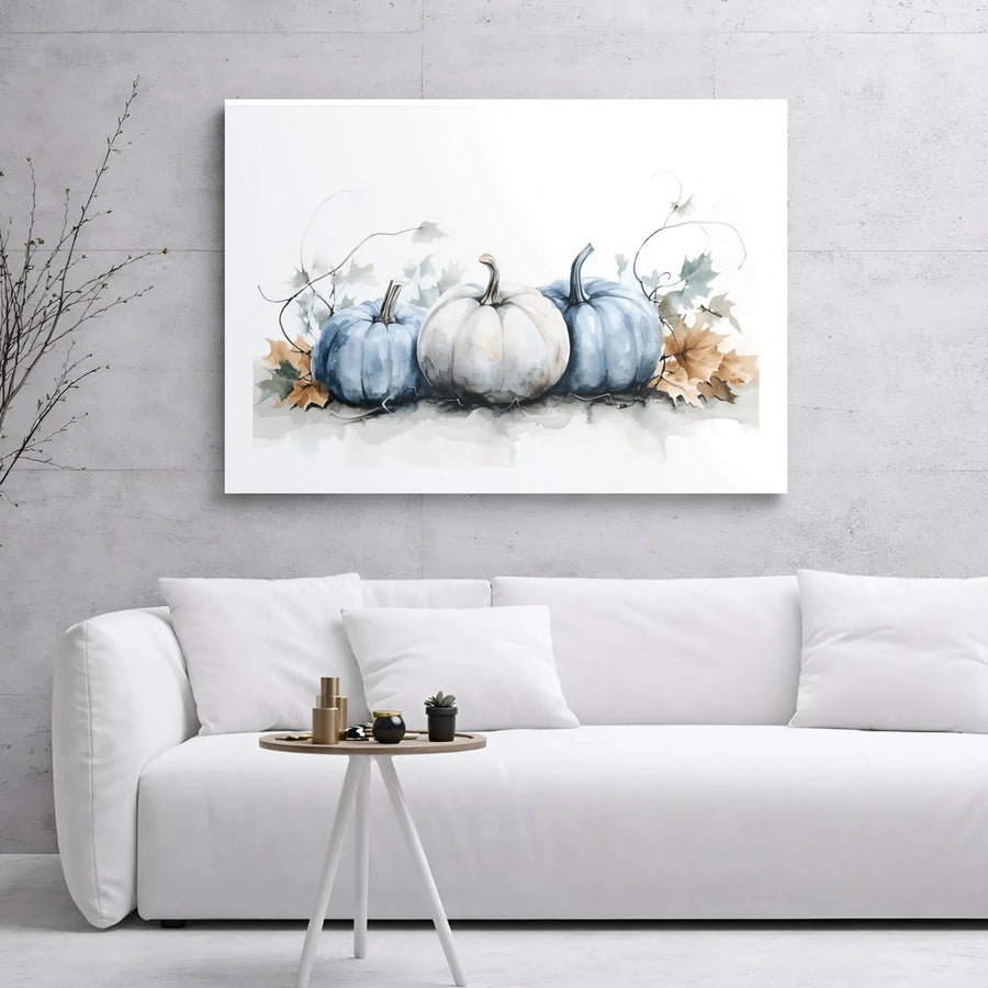 Watercolor Pumpkin Canvas Art | Blue and White Fall Farmhouse Decor | Gallery Wrapped Premium Print | Seasonal Thanksgiving Wall Decor for Home