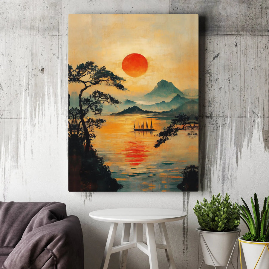 Japanese Sunset Canvas Wall Art | Vintage Red Sun Landscape Painting | Premium Gallery Wrapped Print | Zen Home Decor Gift