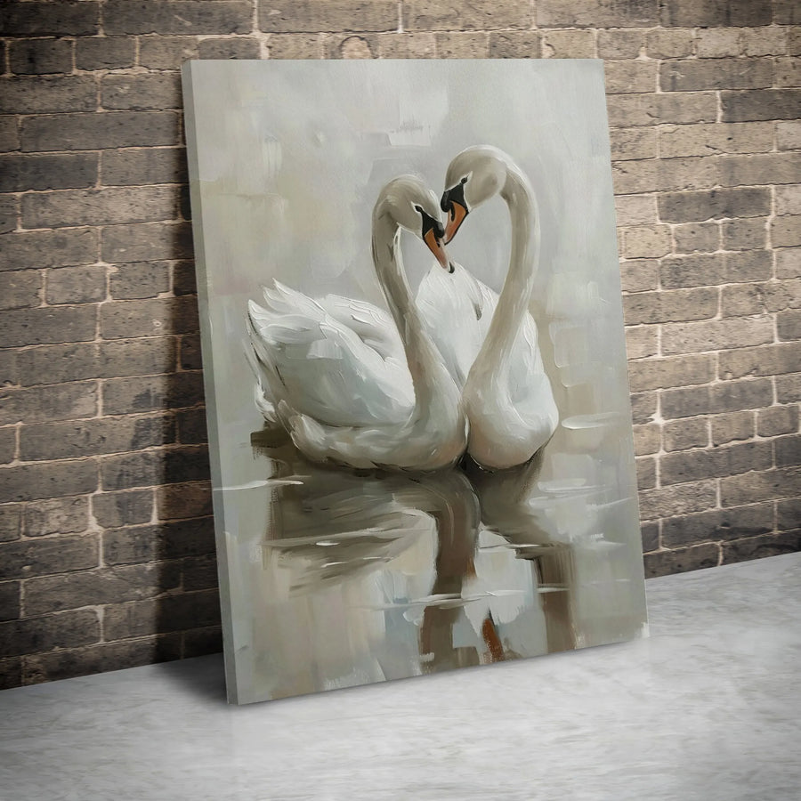 Swan Heart Wall Art | Romantic Couple Swans Oil Painting Style | Gallery Wrapped Premium Canvas | Bedroom Decor Gift For Anniversary Wedding