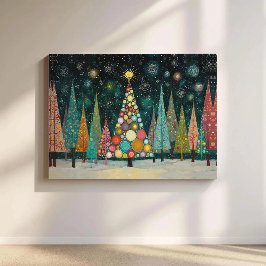Whimsical Christmas Tree Canvas Art | Colorful Forest Night Landscape | Premium 1.25-Inch Gallery Wrap | Festive Holiday Wall Decor for Home