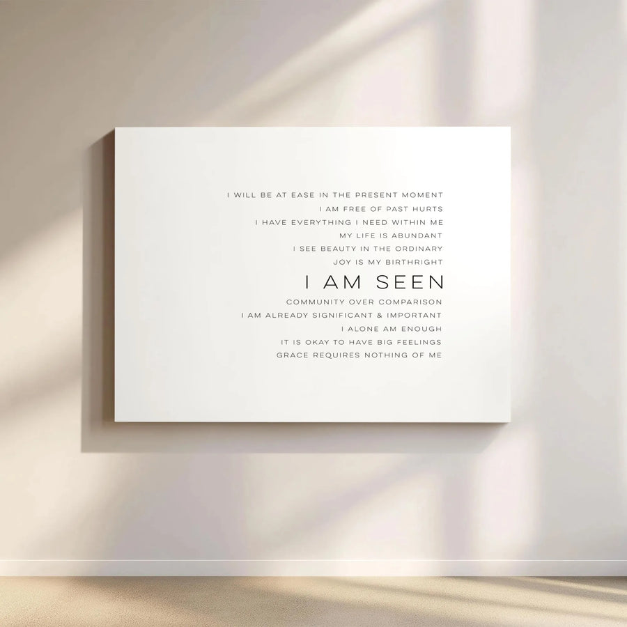Positive Affirmations Canvas Wall Art | I Am Seen Minimalist Typography Decor | Premium Fade-Resistant Gallery Wrap | Motivational Mental Health Gift