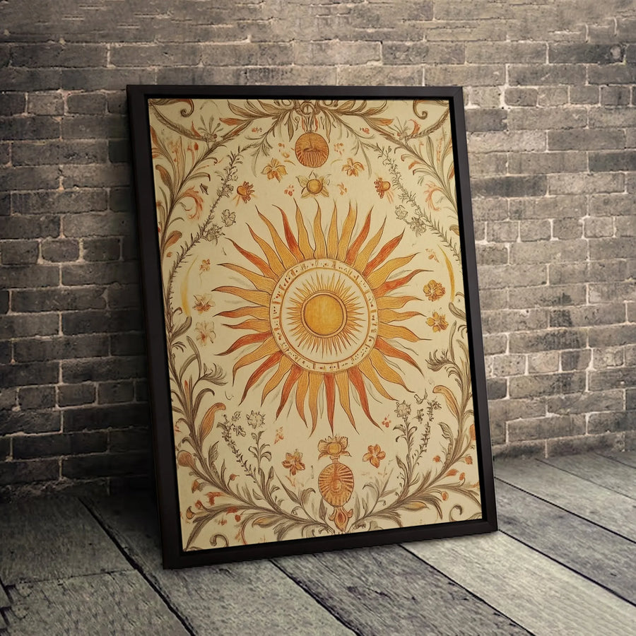 Vintage Sun Wall Art Canvas | Bohemian Floral Celestial Print | Premium 1.25 Inch Gallery Wrap | Aesthetic Home Decor Gift