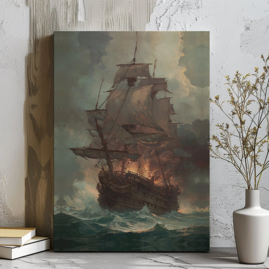 Burning Galleon Ship Canvas Art | Stormy Nautical Ocean Painting | Gallery Wrap Premium Wall Decor | Gift for Maritime History Collectors