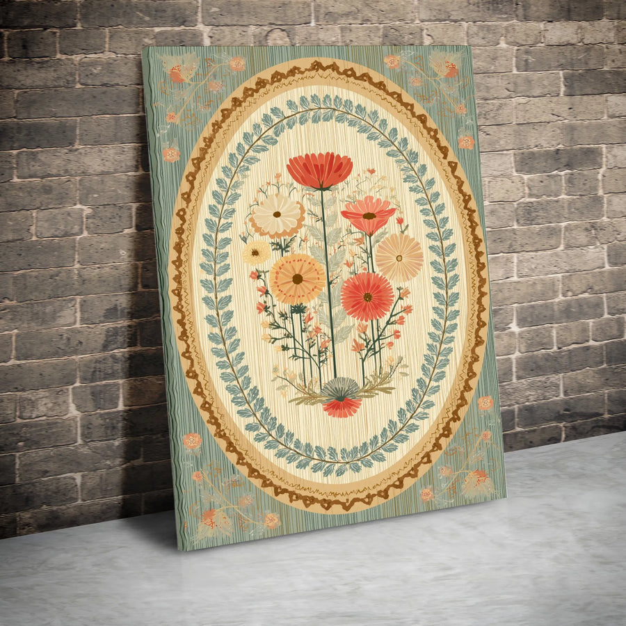 Vintage Floral Vertical Canvas | Scandinavian Folk Art Flower Bouquet | Premium Gallery Wrapped Canvas | Boho Farmhouse Wall Decor Gift