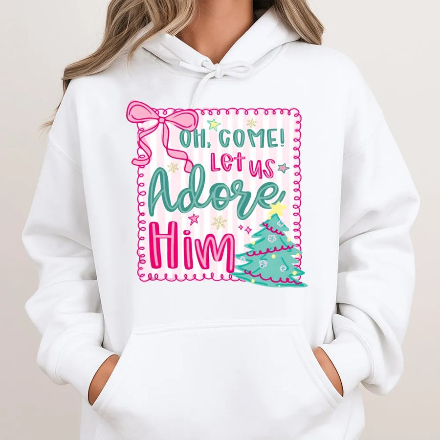 Oh Come Let Us Adore Him Hoodie | Pink Coquette Christmas Graphic | Premium Cotton Blend | Christian Religious Holiday Gift