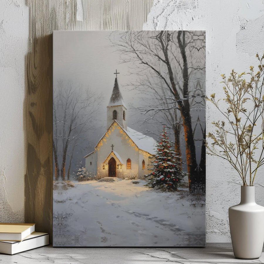 Winter Church Canvas Art | Snowy Christmas Landscape Print | Premium Gallery Wrap Wall Decor | Religious Holiday Home Gift