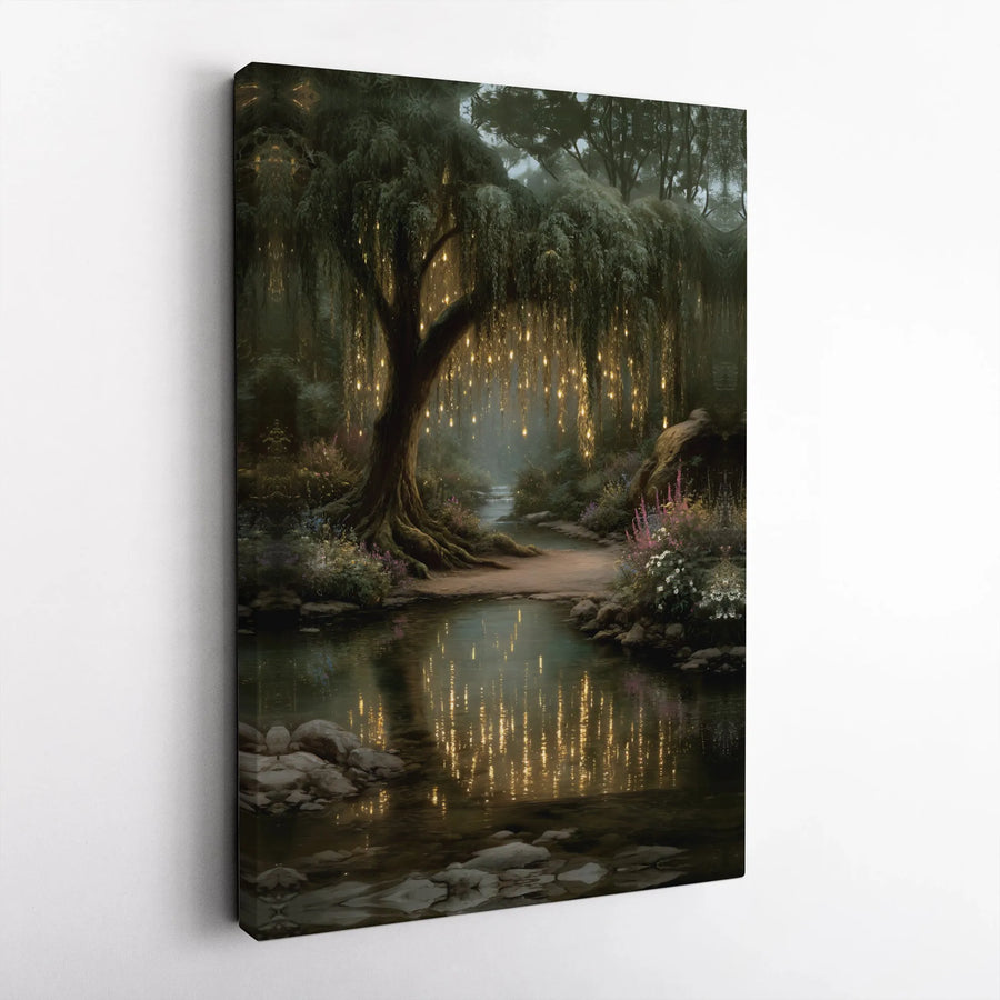 Enchanted Forest Canvas Print | Weeping Willow With Fairy Lights Wall Art | Premium Gallery Wrapped | Whimsical Nature Home Decor Gift