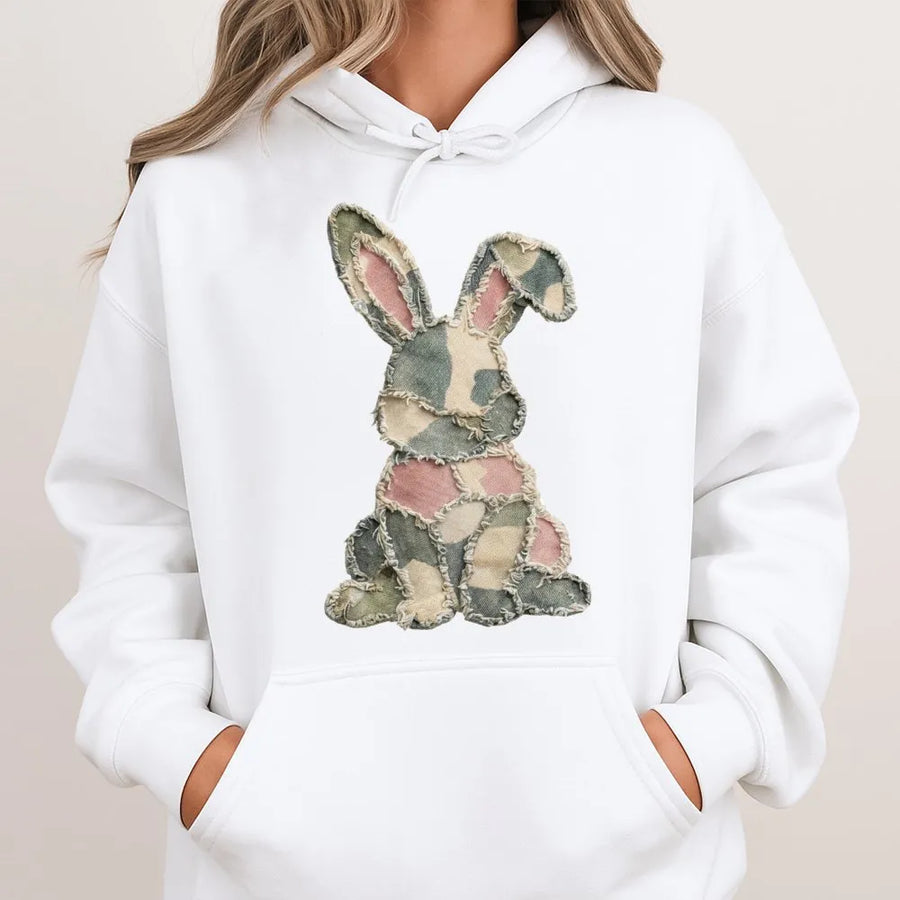 Camo Patchwork Bunny Hoodie | Distressed Rabbit Graphic Print | Premium Cotton-Poly Blend | Cute Easter Sweatshirt Gift for Women and Men