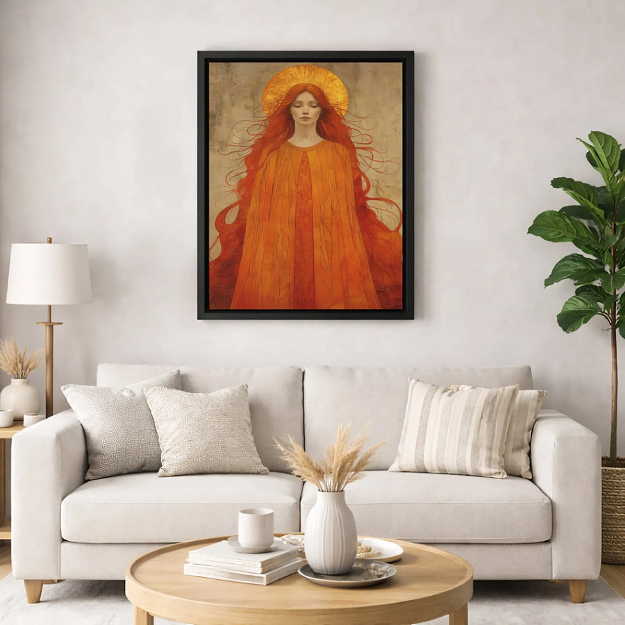 Sacred Feminine Canvas Wall Art | Red-Haired Goddess With Golden Halo | Premium Fade-Resistant Gallery Wrap | Spiritual Home Decor Gift