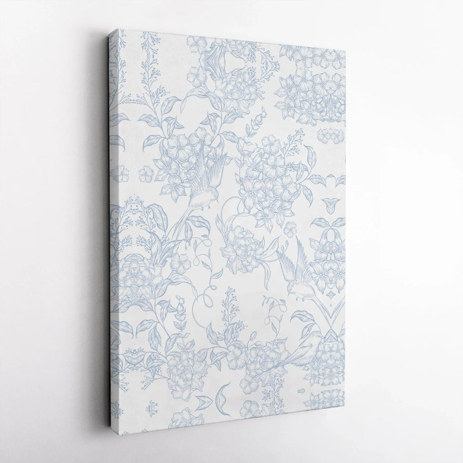 Vintage Floral Bird Canvas Wall Art | Blue Chinoiserie Toile Pattern | Premium Gallery Wrapped Canvas | Grandmillennial Home Decor Gift