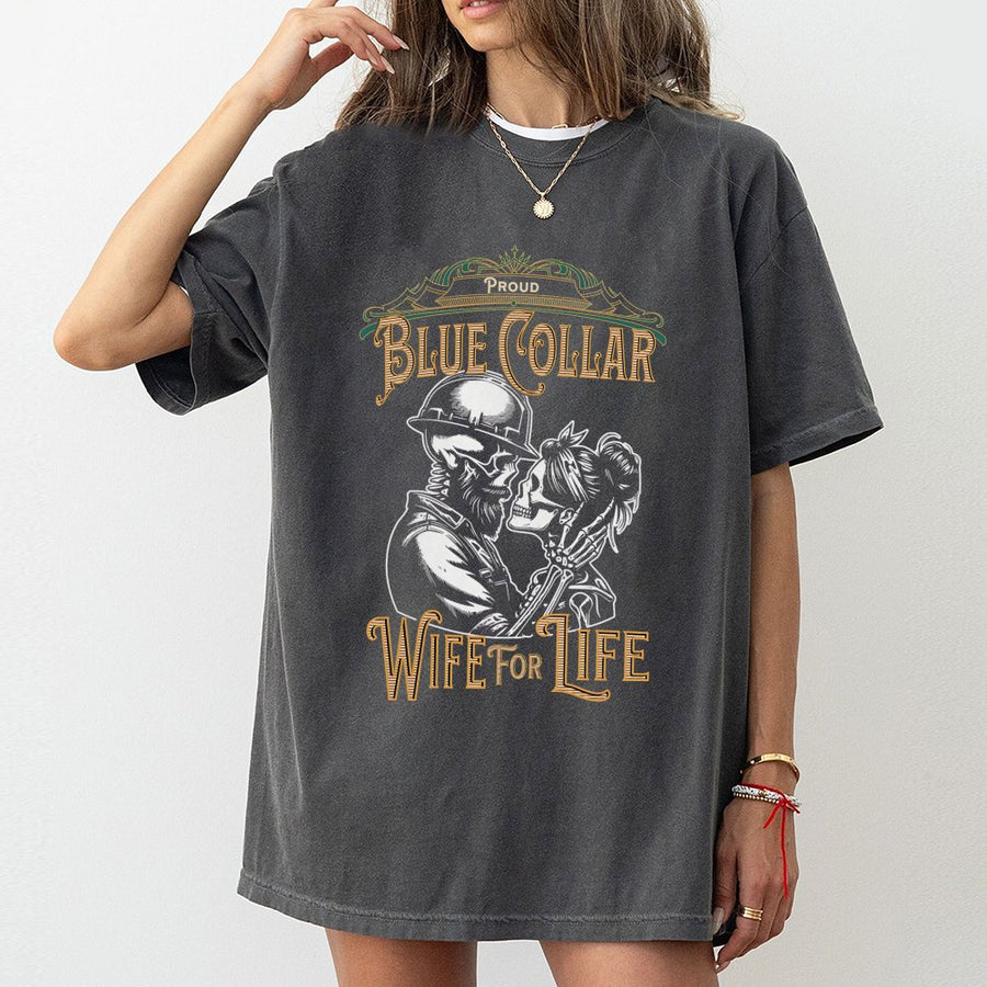 Blue Collar Wife T-Shirt | Skeleton Couple Construction Design | Premium 100% Cotton Tee | Gift for Tradesman Wife, Construction Couple Apparel