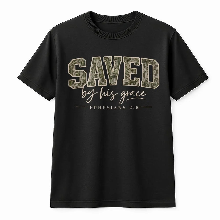 Saved By Grace T-Shirt | Camo Print Bible Verse Graphic | Soft Cotton Blend | Christian Faith Apparel Gift for Men & Women