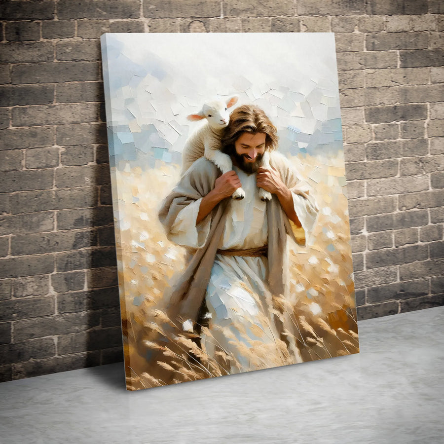 Jesus Christ Good Shepherd Canvas Art | Jesus Carrying Lost Lamb Painting | Premium Gallery Wrapped Canvas | Christian Home Decor Gift