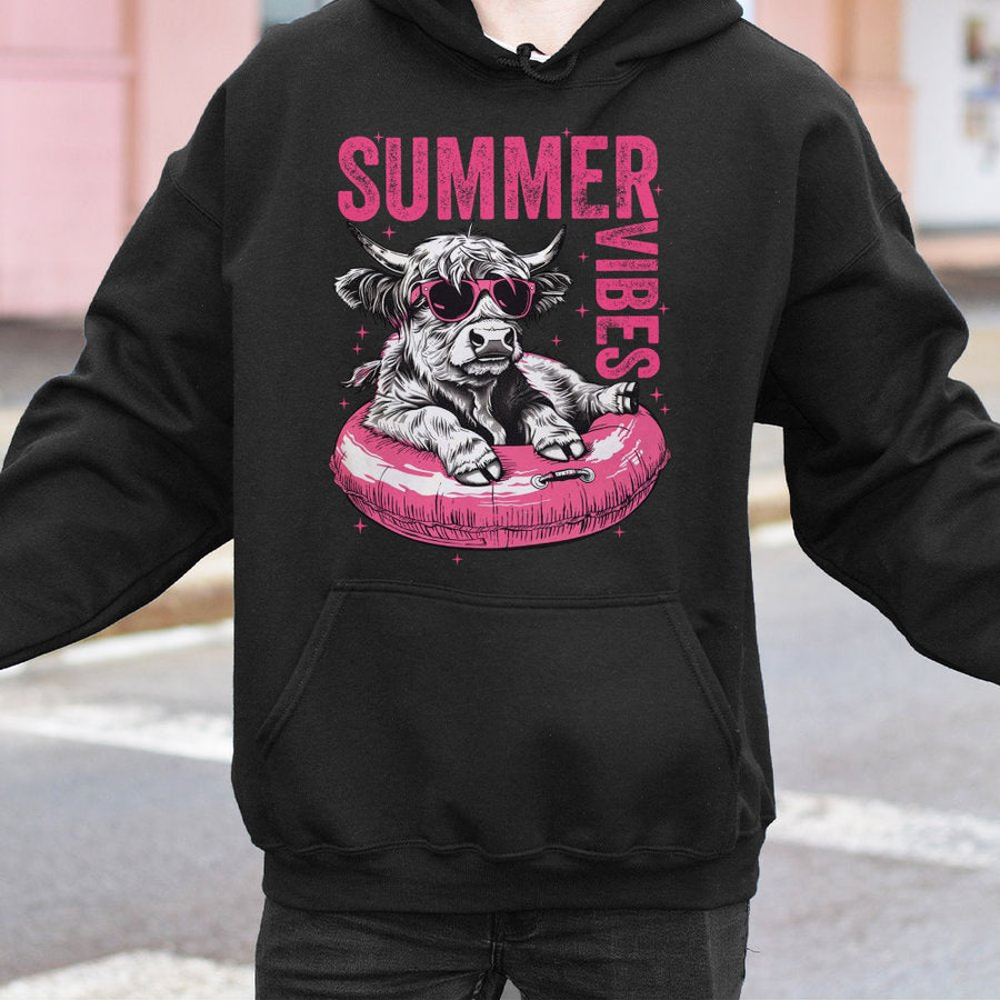 Summer Vibes Highland Cow Hoodie | Cute Pool Float Design | Premium Cotton-Poly Blend | Fun Aesthetic Gift for Animal Lovers