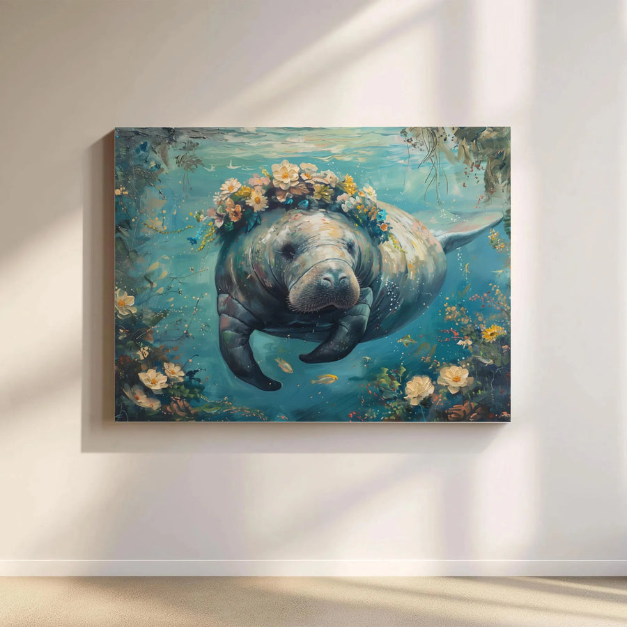 Floral Manatee Canvas Wall Art | Whimsical Underwater Sea Cow Painting | Premium Gallery Wrapped Canvas | Coastal Home Decor Gift