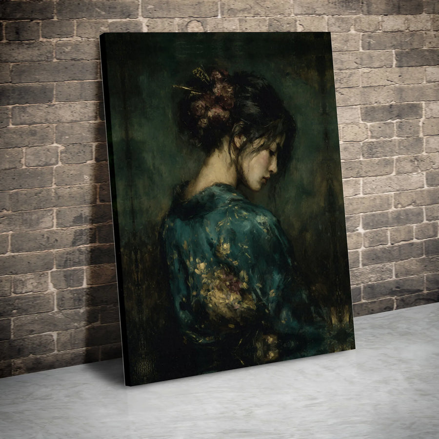 Japanese Woman Portrait Canvas Wall Art | Moody Floral Kimono Oil Painting Style | 1.25 Inch Gallery Wrap | Elegant Home Decor Gift