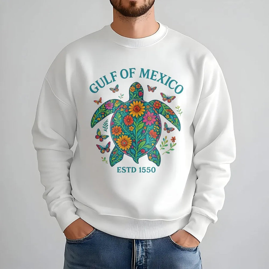 Gulf of Mexico Sea Turtle Sweatshirt | Floral Botanical Marine Life Graphic | Premium Cotton Blend | Coastal Beach Vacation Gift for Women & Men