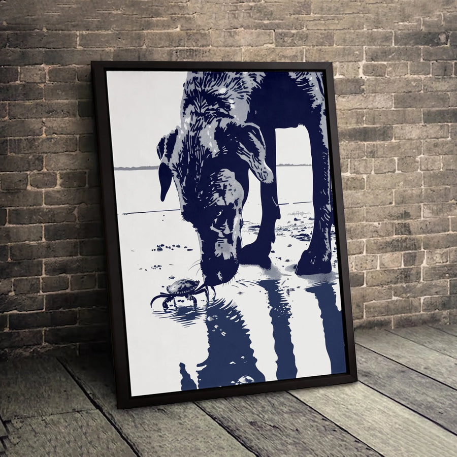 Dog and Crab Beach Wall Art | Minimalist Coastal Graphic Print | Premium 1.25-Inch Thick Canvas | Perfect Gift for Dog Lovers & Beach House Decor