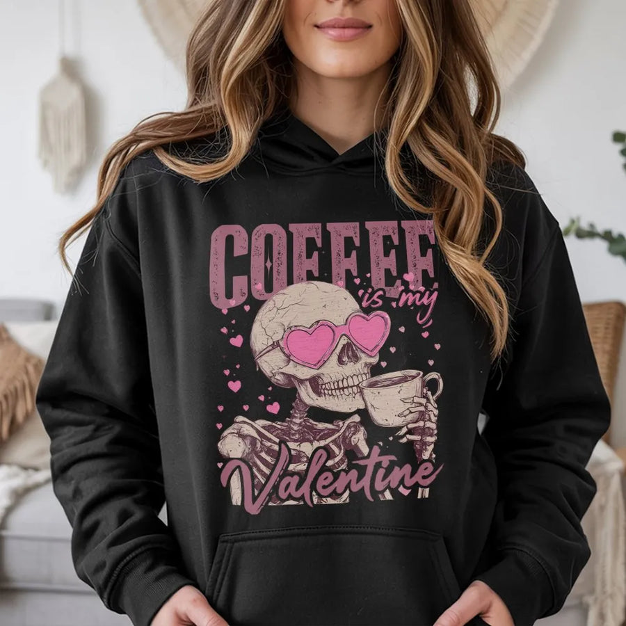Coffee Is My Valentine Hoodie | Skeleton Heart Sunglasses Graphic | Premium Cotton Blend | Funny Valentine's Day Gift for Coffee Lovers