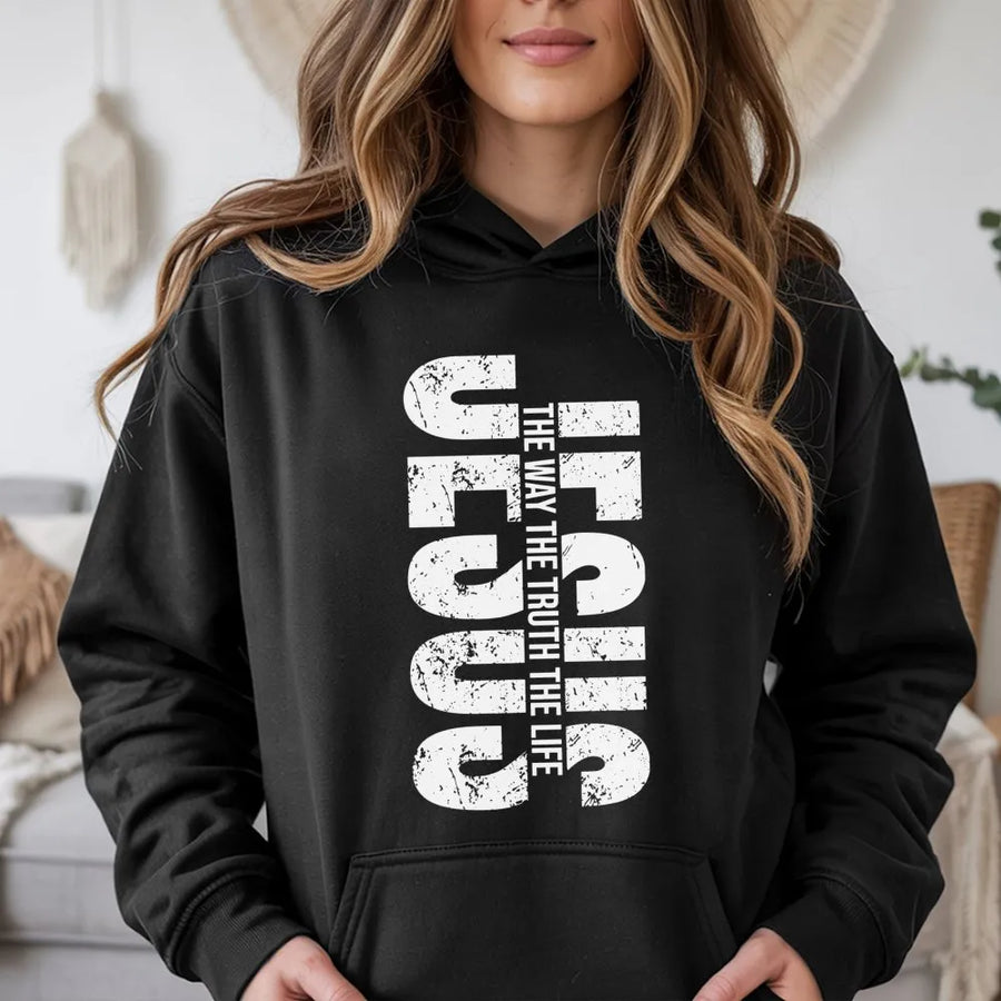 Jesus The Way The Truth The Life Hoodie | Distressed Religious Scripture Graphic | Soft Cotton Blend Premium Apparel | Christian Gift For Men And Women