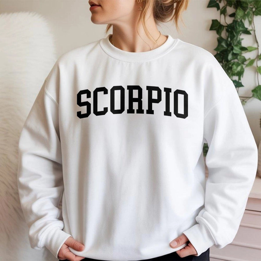 Scorpio Zodiac Sweatshirt | Varsity Lettering Astrology Design | Premium Cotton Blend | Birthday Gift for Men and Women