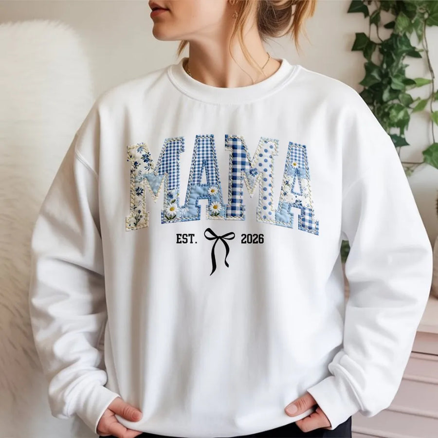 Mama Est 2026 Sweatshirt | Floral Faux Patchwork Design With Bow | Soft Cotton Blend | New Mom Pregnancy Announcement Gift