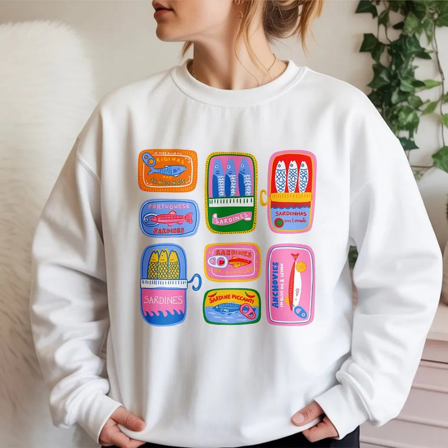 Tinned Fish Sweatshirt | Portuguese Sardine Can Art | Premium Cotton-Blend | Unique Preppy Foodie Gift