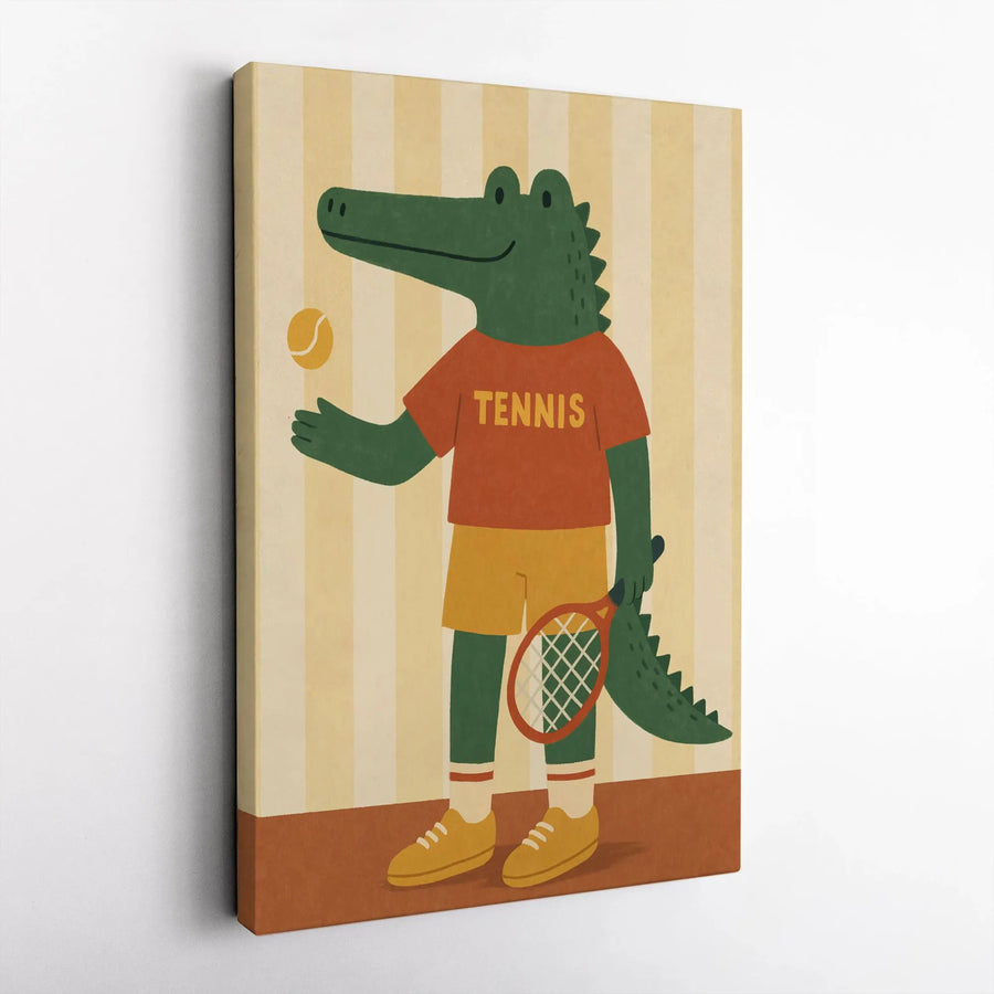 Alligator Tennis Player Canvas Print | Retro Cartoon Animal Sports Art | Premium Canvas with Fade-Resistant Inks | Unique Gift for Tennis Lovers & Kids Room Decor