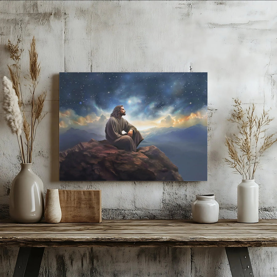 Jesus on Mountain Canvas Print | Serene Starry Sky Landscape Art | Premium Gallery-Wrapped Decor | Christian Wall Art Gift for Home or Church