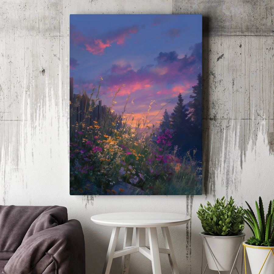 Wildflower Meadow Canvas Wall Art | Impressionist Sunset Forest Landscape | Premium Gallery Wrapped Print | Nature Inspired Home Decor Gift