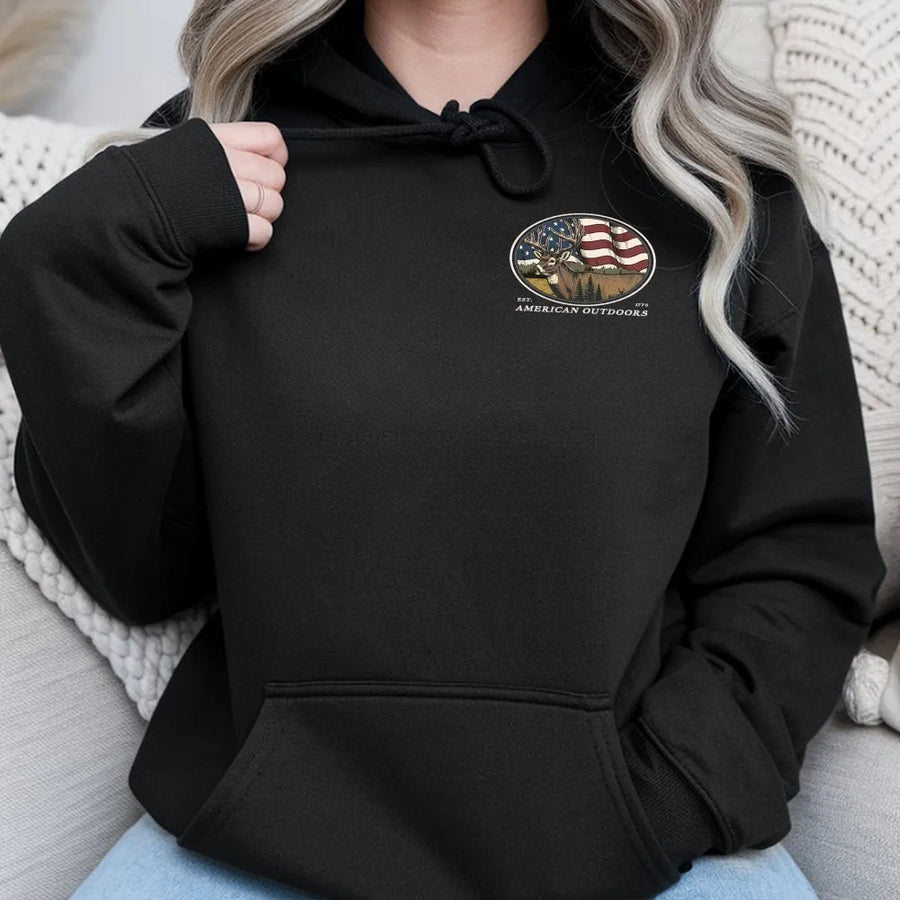American Outdoors Buck Hoodie | Patriotic Deer & US Flag Graphic | Soft Cotton-Blend Pullover | Hunting & Wildlife Lover Gift