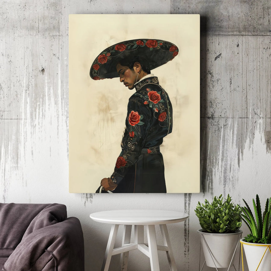 Mexican Charro Wall Art | Portrait With Red Rose Embroidery Design | Premium 1.25" Gallery Canvas | Hispanic Heritage Home Decor Gift