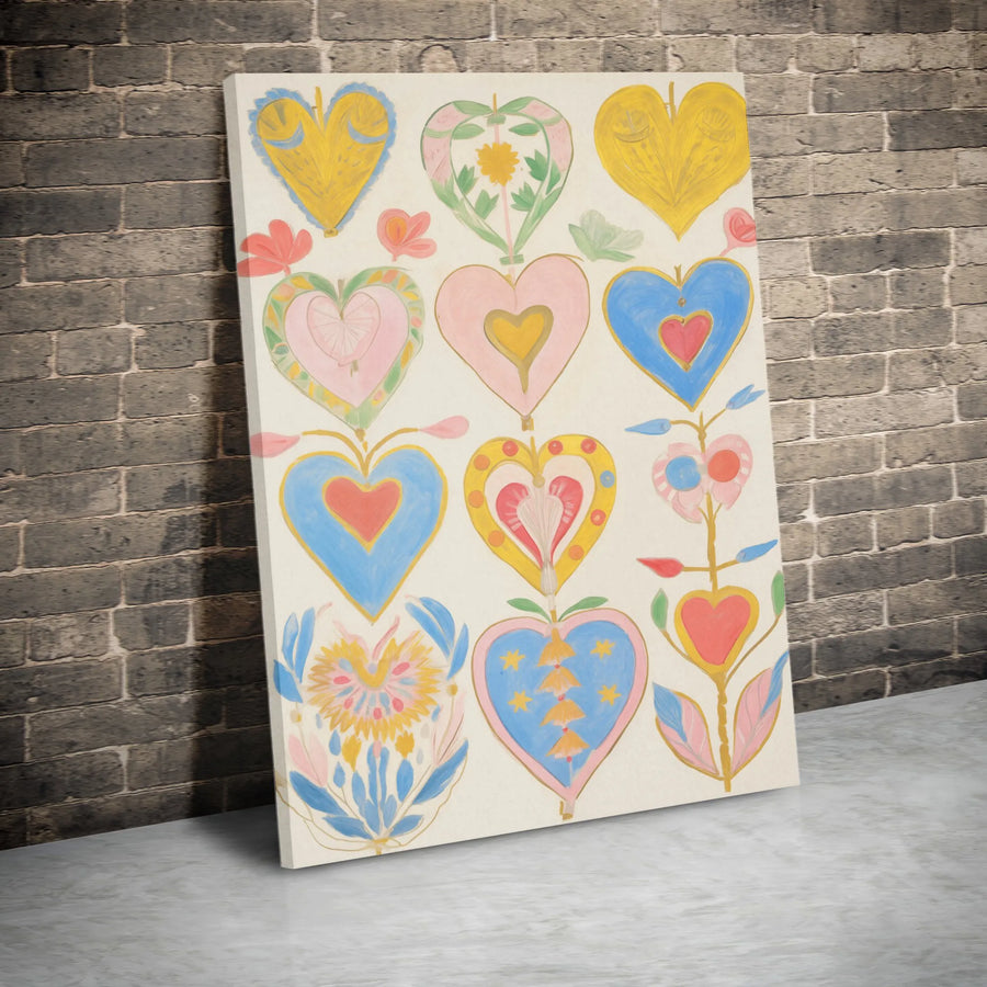 Folk Art Hearts Canvas Print | Whimsical Botanical Heart Illustrations | Premium Gallery Wrapped Canvas | Boho Nursery Decor Gift
