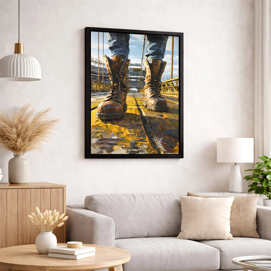 Industrial Work Boots Canvas Print | Pittsburgh Yellow Bridge Art | Premium Gallery Wrapped Wall Decor | Gift for Construction Workers