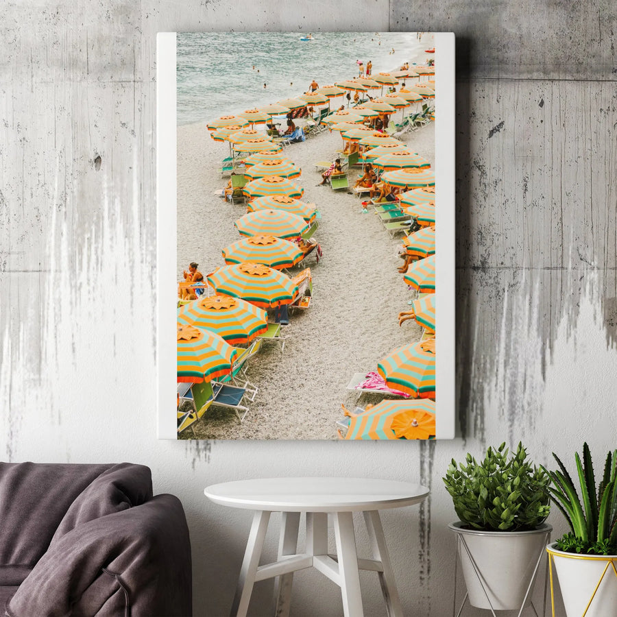 Monterosso Beach Vertical Canvas | Retro Italian Beach Scene Print | Premium Gallery Wrapped Wall Art | Travel Lover Home Decor Gift