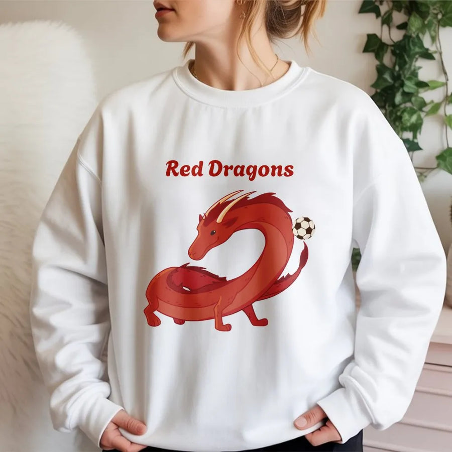 Red Dragons Soccer Sweatshirt | Cartoon Team Mascot Graphic | Premium Cotton Blend | Gift for Football Player and Coach