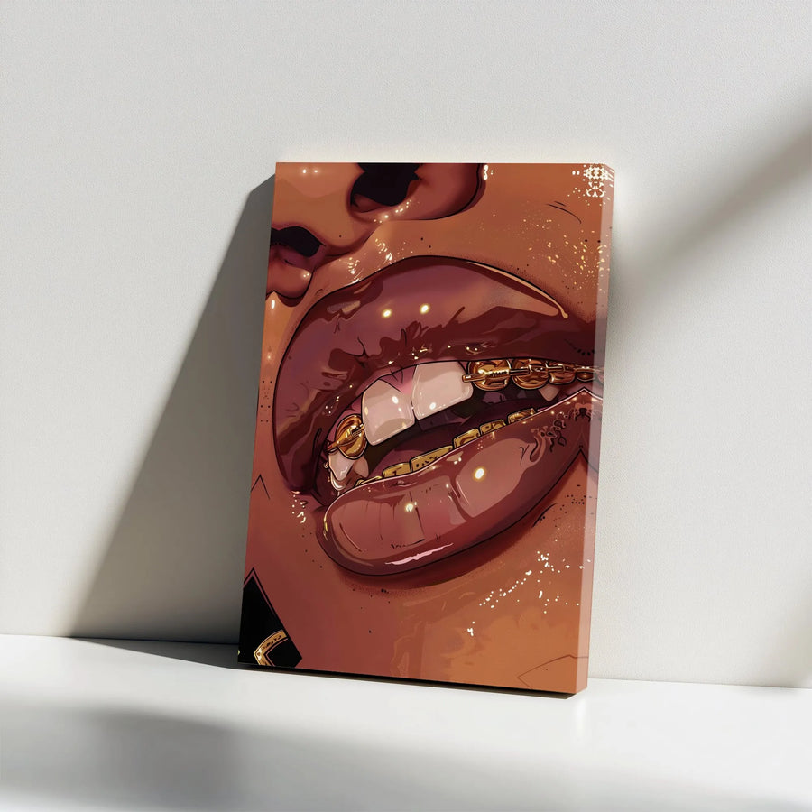 Black Woman Art Canvas Print | Gold Grillz Lips Illustration | Premium Modern Wall Art | Urban & Hip Hop Home Decor Collector's Gift