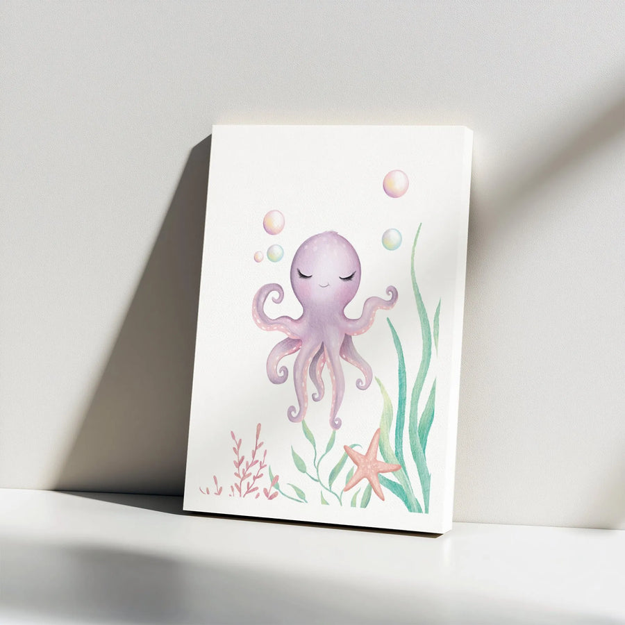 Cute Octopus Wall Art | Watercolor Nautical Nursery Decor | Premium Gallery Wrapped Canvas | Gift for Kids Room or Baby Shower