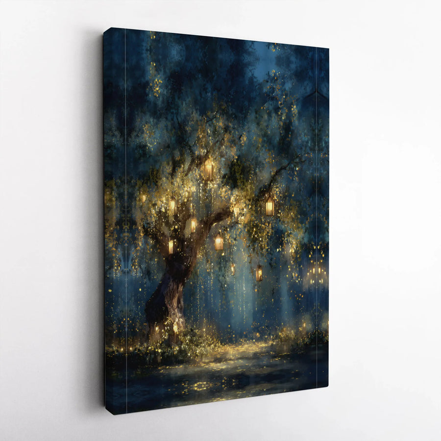 Enchanted Forest Canvas Wall Art | Magical Glowing Lanterns Night Landscape | Premium Gallery Wrap Print | Whimsical Home Decor Gift