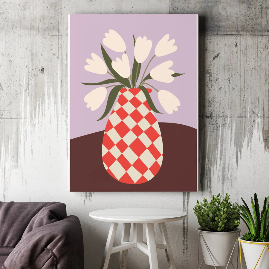 White Tulip Canvas Wall Art | Harlequin Checkered Vase Illustration | Premium 1.25" Gallery Wrap | Modern Kitchen & Living Room Decor Gift