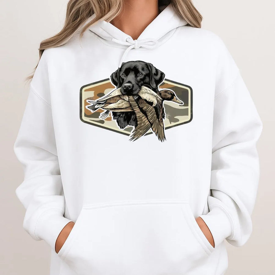 Labrador Duck Hunting Hoodie | Camo Patch Graphic Design | Premium Cotton Blend | Gift for Waterfowl Hunters and Dog Lovers