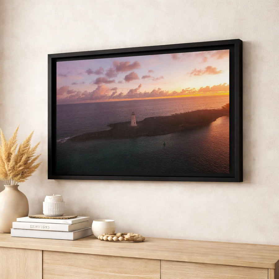 Lighthouse Island Canvas Wall Art | Golden Hour Sunset Seascape Print | Premium 1.25-Inch Gallery Wrap | Coastal Home Decor Gift for Beach Lovers