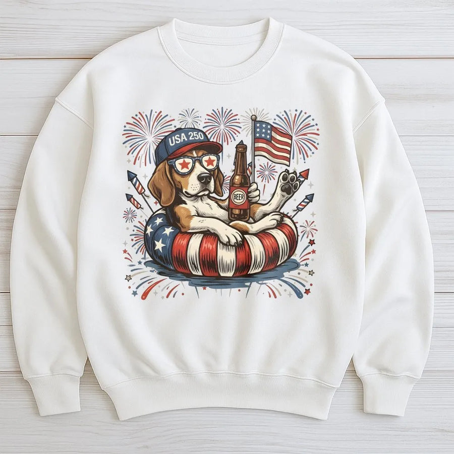 Patriotic Dog Sweatshirt | Funny Beagle with Beer and USA 250 Graphic | Premium Cotton Blend | 4th of July Gift for Men & Women