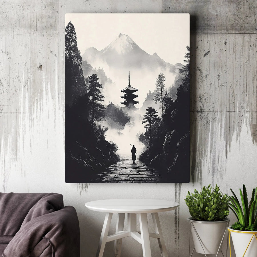 Japanese Samurai Wall Art | Black and White Mountain Pagoda Landscape | Premium Gallery Canvas | Zen Home Office Decor