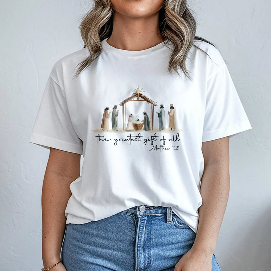 Nativity Scene T-Shirt | The Greatest Gift Of All Christian Graphic | Premium Soft Cotton Tee | Religious Christmas Gift For Women Men