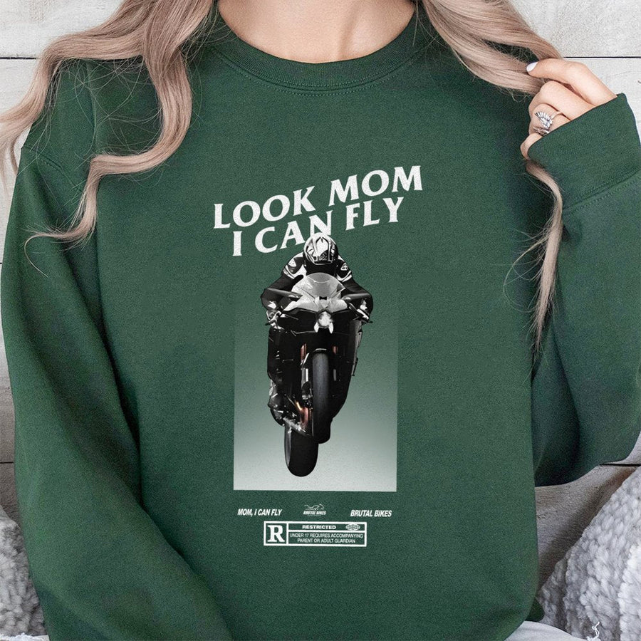 Look Mom I Can Fly Sweatshirt | Motorcycle Wheelie Graphic Print | Premium Cotton Blend | Gift For Biker Motorcyclist Sportbike Rider