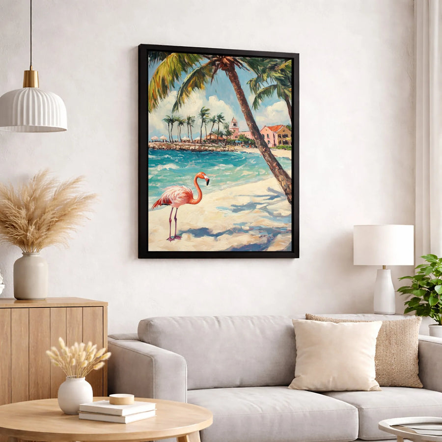 Pink Flamingo Wall Art | Tropical Beach Landscape Oil Painting | Premium Gallery Wrapped Canvas | Coastal Home Decor Gift
