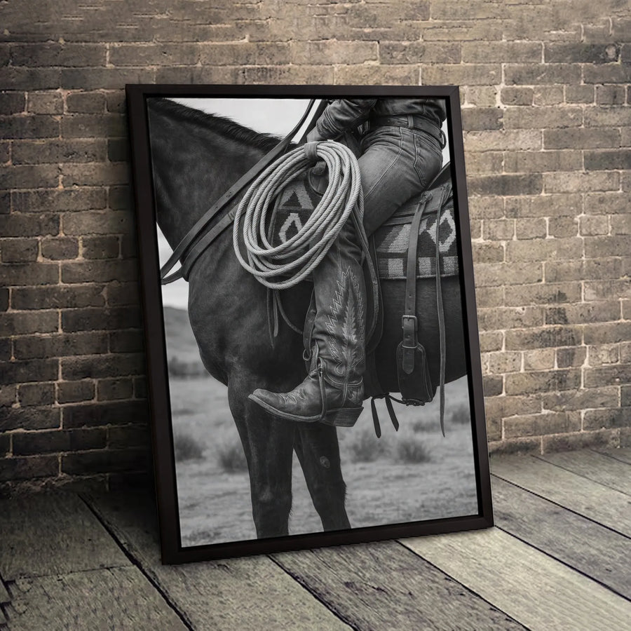 Western Cowboy Canvas Art | Black and White Horse Lariat Print | Premium Gallery Wrap Wall Decor | Rustic Farmhouse Home Decor for Men