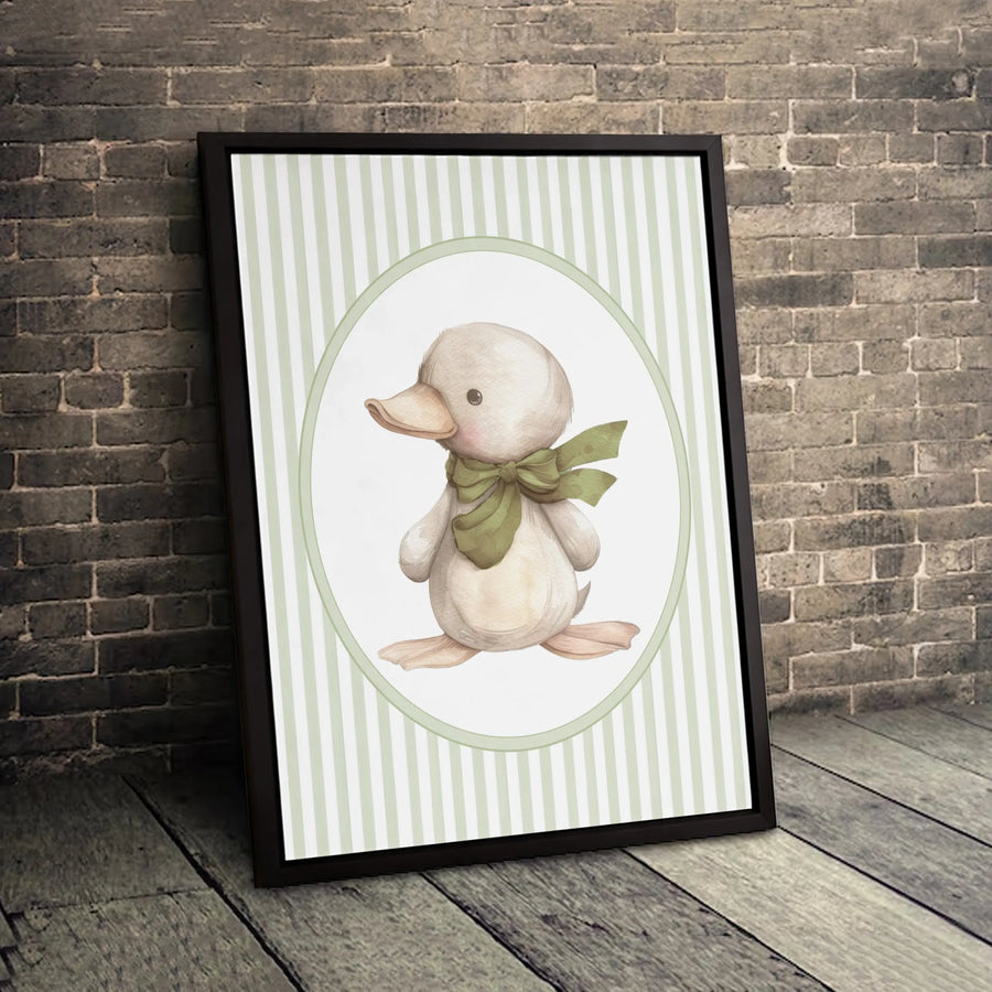 Watercolor Baby Duck Nursery Canvas | Green Bow Farmhouse Wall Art | Premium Gallery-Wrapped Print | Gender Neutral Baby Shower Gift